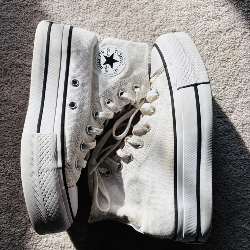 Converse White High Top Platform Sneakers with Black Stripe